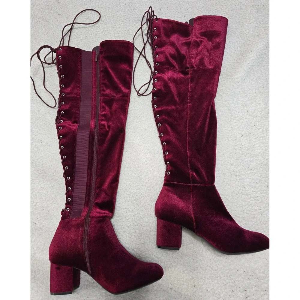 Torrid Burgundy Velvet Lace Up Back Over The Knee Boots Wide Width 9.5W 15870520